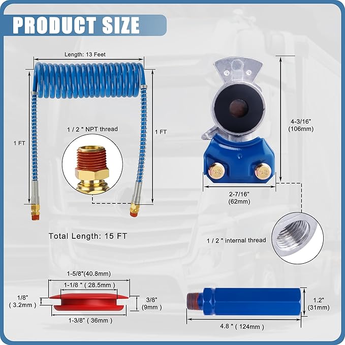 Air Brake Line Hose Coil Assembly Coiled Set 15 FT Air Lines Semi Truck Trailer Hoses,1/2" NPT DOT Fittings with Glad Hands & Grips & Rubber Seals (15' Length x 12" Tractor Lead)