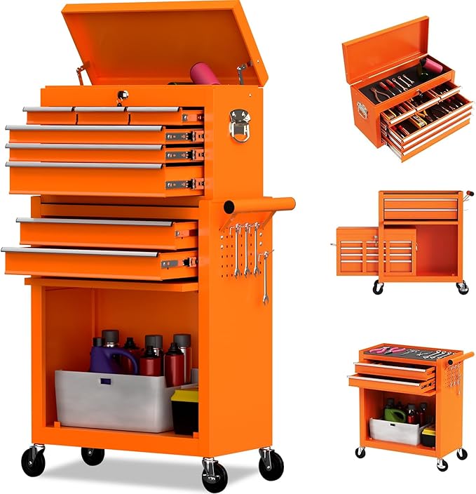 8 Drawer Rolling Tool Chest, High Capacity Tool Box with Lockable Wheels and Drawers, 2 in 1 Portable Toolbox Organizer Storage Cabinet For Garage, Warehouse, Repair Shop, Orange