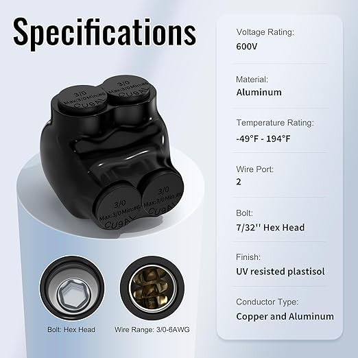 2 Port Insulated Multi Tap Connector 3/0-6 AWG Black Electrical Cable Connectors 7/32" Allen Hex Aluminum Wire Connector - 6 Pack