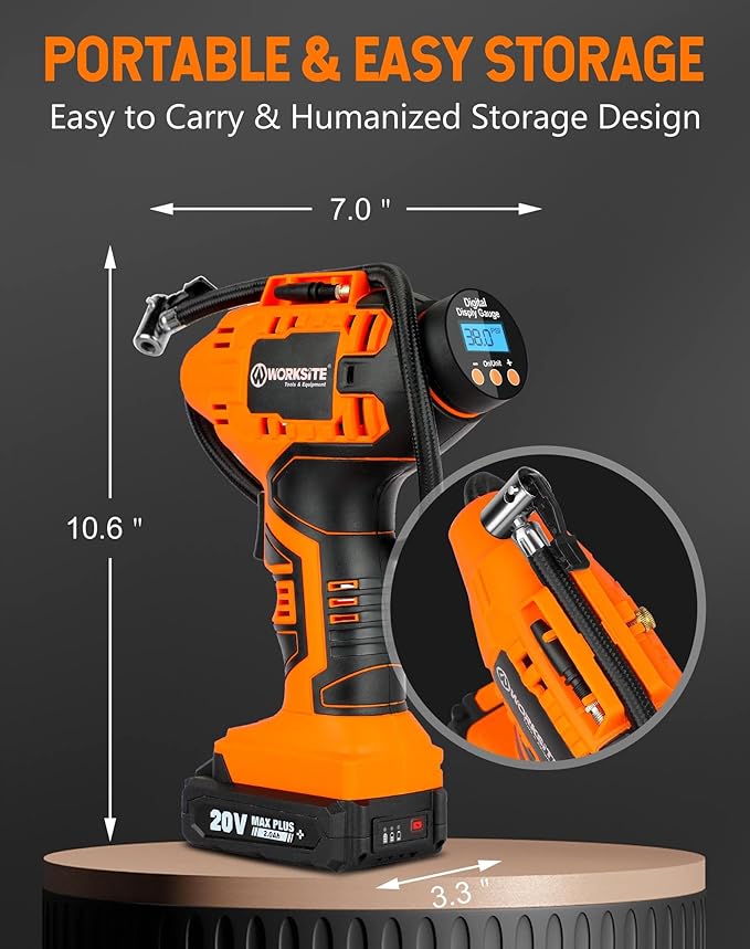 WORKSITE Cordless Tire Inflator Air Compressor,Portable Handheld Air Pump,Battery Powered Car Tire Pump with 12V Car Power Adapter Digital Pressure Gauge for Cars Motorcycles, Orange
