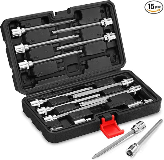 3/8" Drive Extra Long Torx Bit Socket Set,15-Piece T10-T60 Star Bit Socket Set S2 Alloy Steel Torx Bit 4.6" Length