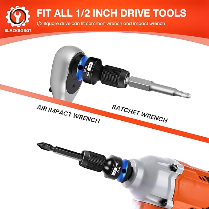 BLACKROBOT Quick Release Impact Bit Holders 1/2-Inch Square Drive to 1/4-Inch Hex Socket Adapter, CR-MO Steel, Blue