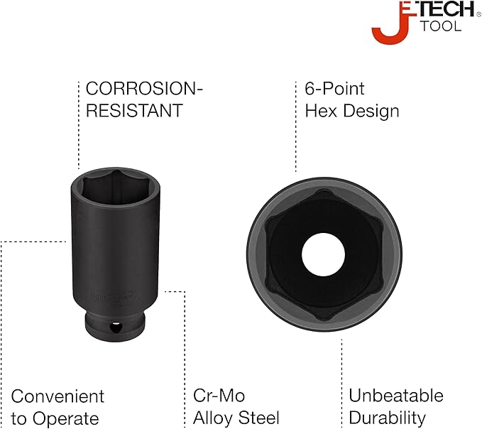 Jetech 1/2 Inch Drive 1-3/16 Inch Deep Impact Socket, Made with Heat-Treated Chrome Molybdenum Alloy Steel, 6-Point Design, SAE