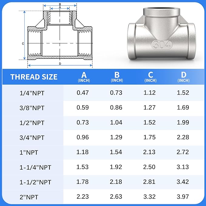 ChillWaves 304 Stainless Steel Pipe Fitting, Tee 3/4" x 3/4" x 3/4" NPT Female Thread Adapter(4-PACK)