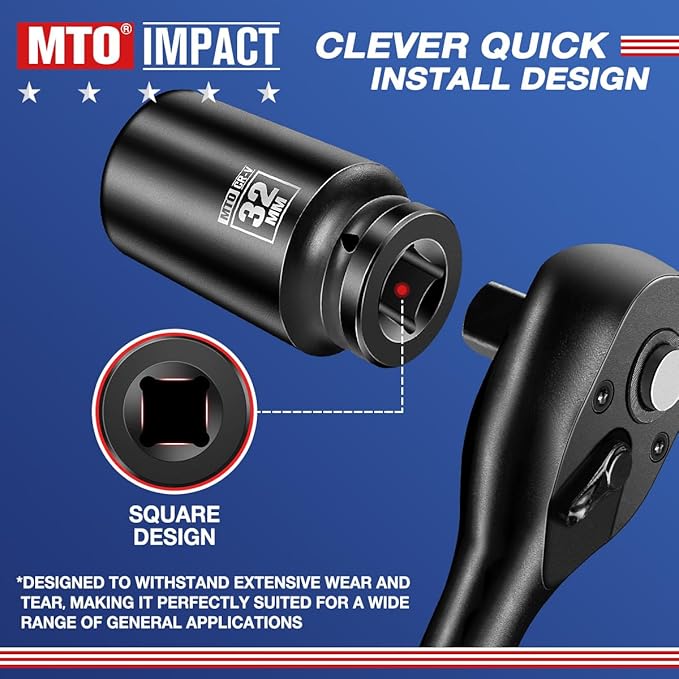 MTO 1/2" Drive 32mm Deep Impact Socket, 6-Point Metric Socket for Automotive Maintaince, CR-V Steel Meets ANSI Standards