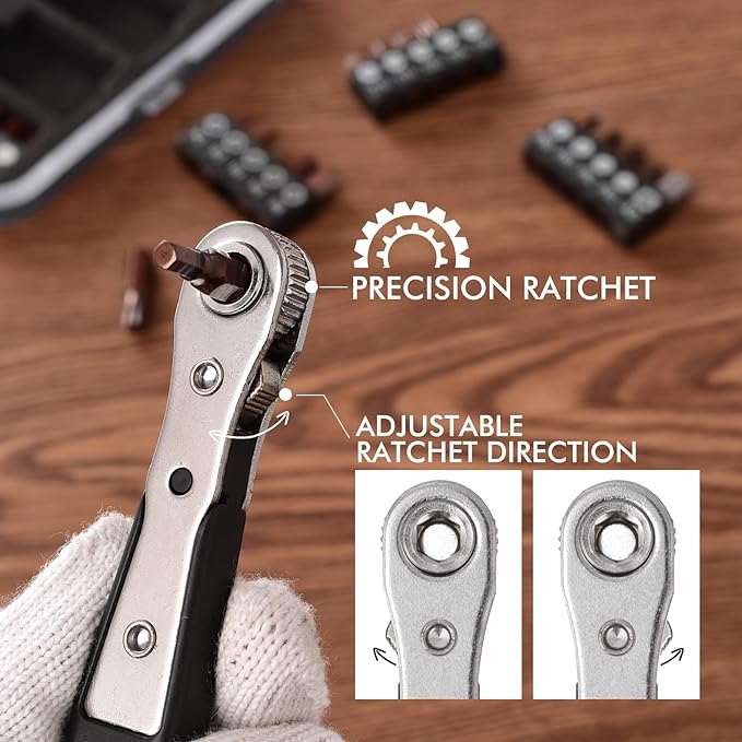 Mini Ratchet Set, Right Angle Screwdriver set with 1/4 Mini Ratchet Wrench and Bits for Tight Spaces