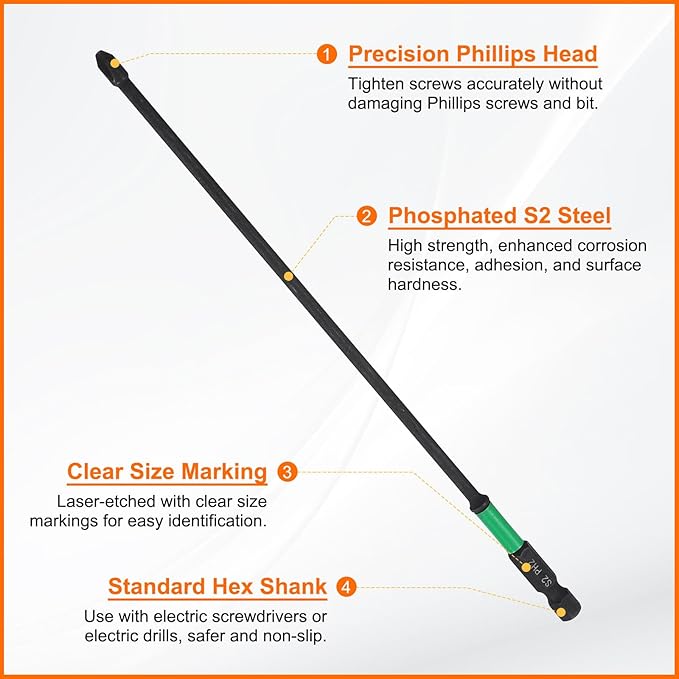 HARFINGTON 3pcs #2 Impact Phillips Screwdriver Bit PH2 1/4" Hex Shank 8" (200mm) Long 0.14" Rod Magnetic Cross Head Drill Bits S2 Steel Industrial Screw Driver for Impact Power Drivers