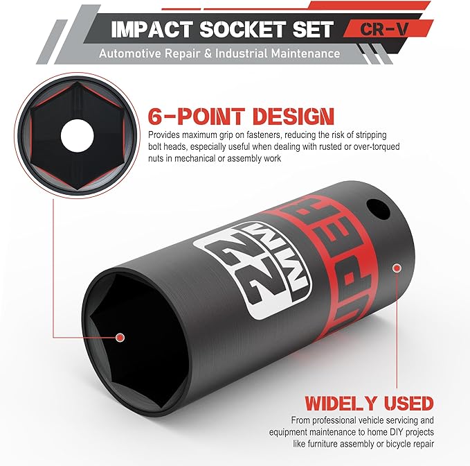 3/8" Drive Impact Socket Set, 50 Piece SAE (5/16"-3/4") and Metric (7 mm-19mm), Deep & Shallow Sockets with Extension Bars, Adapters, for Automotive Repair & Industrial Maintenance