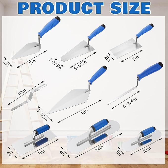 18 Pcs Masonry Hand Tool Set in Tool Bag Includes 6 Pcs Trowel Set Wooden Sanding Board Stainless Steel Putty Knife Brush Rebar Hook Masonry Kit Rubber Gloves Construction Wire(Blue)