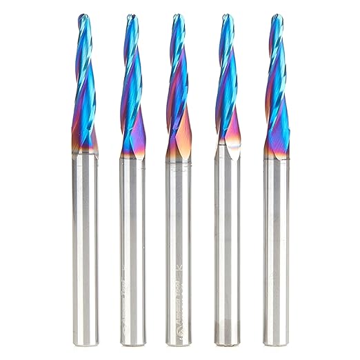 Amana Tool 46286-K-5 5-Pc CNC Solid Carbide Spektra Extreme Tool Life Coated Tapered Spiral 2D/3D Carving 1/8 Dia x 1/4 Inch SHK Router Bit Pack