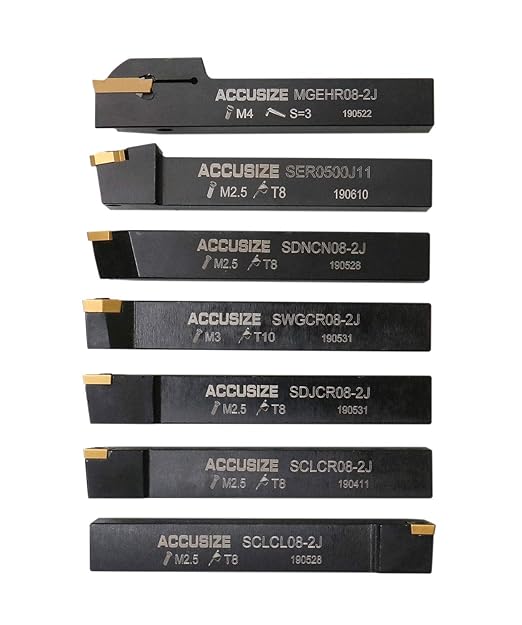 Accusize Industrial Tools 7-Ps Indexable Carbide Turning Tool Set, 1/2" Shank, C6 Grade TiN Coated Inserts, in Fitted Aluminum Case, 2387-2004