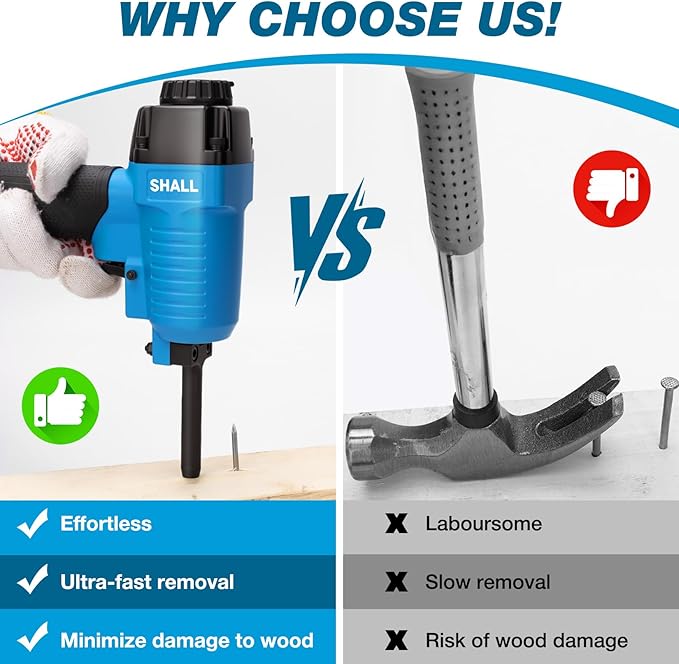 SHALL Pneumatic Nail Remover & 7.5?쇺?Flat Pry Bar Set, Heavy-Duty Air Punch Nailer Removes 9-16 Gauge Nails, 60-100 PSI Air Nail Puller/Denailer for Wood Pallets, Reclaimed Wood, 1/4?쇺?NPT Air Inlet