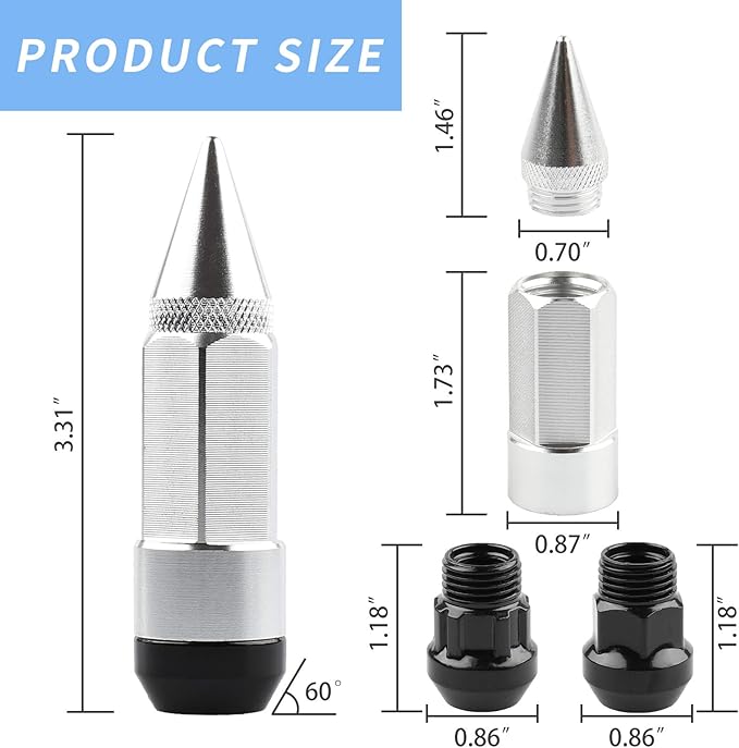 20Pcs Anti Theft Spikes Extended Tuner Wheel/Rims Lug Nuts with Wheel Locks M12X1.5+Socket (Silver)