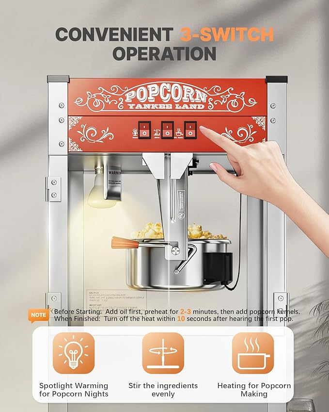 16 Oz Commercial Popcorn Machine, 1440 W, Movie Theater Popcorn Machine, Red Tabletop Pop Corn Machine with 3-Switch Control & Steel Frame Tempered Glass Doors