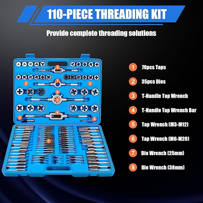 110-Piece Metric Tap and Die Set, M2 to M18 Thread Repair Kit, Complete Tap & Die Sets with Storage Case for Cutting Internal and External Threads
