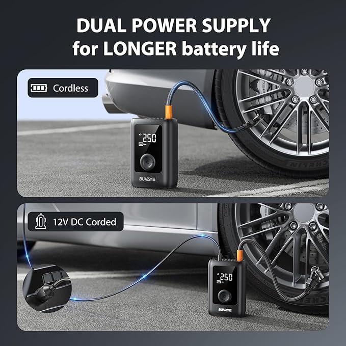 BUVAYE Tire Inflator Portable Air Compressor, 150PSI Portable Air Pump, 12V DC Cordless/Corded Air Pump with Pressure Gauge Emergency LED Light for Tires, Bicycle, Balloons with EVA Bag