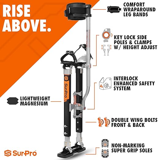 SurPro Single-Sided Magnesium Drywall Stilts, 26??- 40??Height, Interlock Enhanced Contractor-Grade Stilts (S1-M-2640) for Drywallers, Painters, Ceiling Work, Stilts Drywall