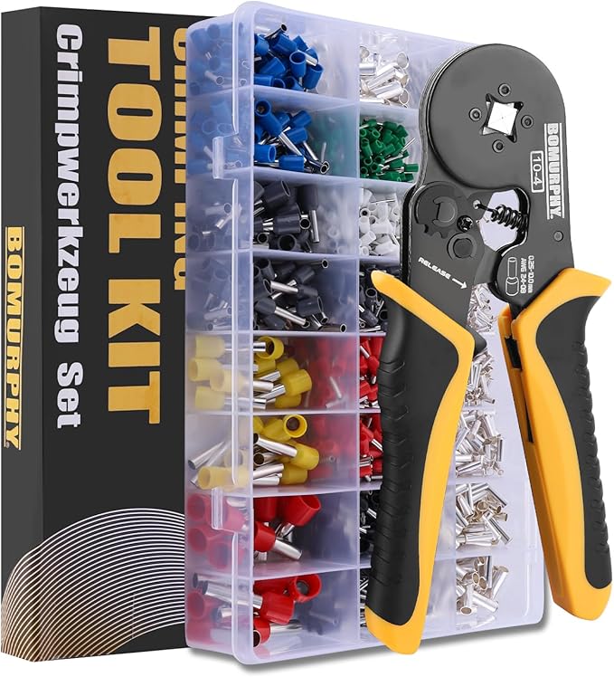 Ferrule Crimping Tool Kit with Wire Connectors, AWG24-8 Sawtooth Self-Adjustable Ratchet Wire Terminals Crimper Kit (Crimping Tool Set - 24 Types)