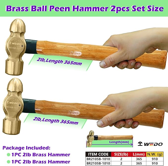 WEDO 2-Piece Brass Ball Peen Hammer Set, 32oz+32oz, Brass Ball Pein Hammer Set with Wooden Handle, Die-Forged, Corrosion Resistant, DIN Standard