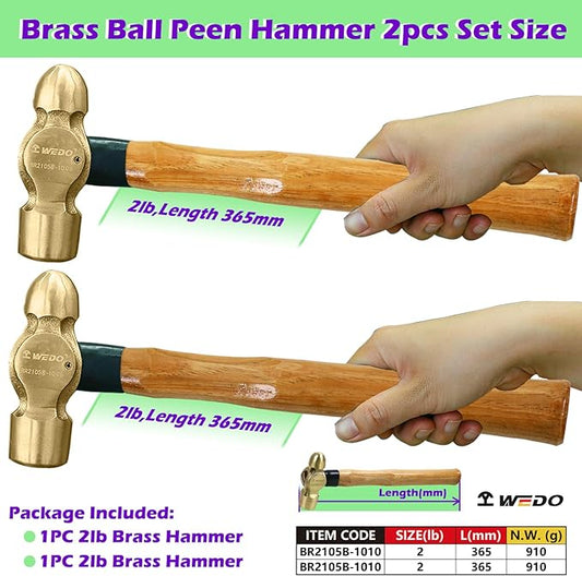 WEDO 2-Piece Brass Ball Peen Hammer Set, 32oz+32oz, Brass Ball Pein Hammer Set with Wooden Handle, Die-Forged, Corrosion Resistant, DIN Standard