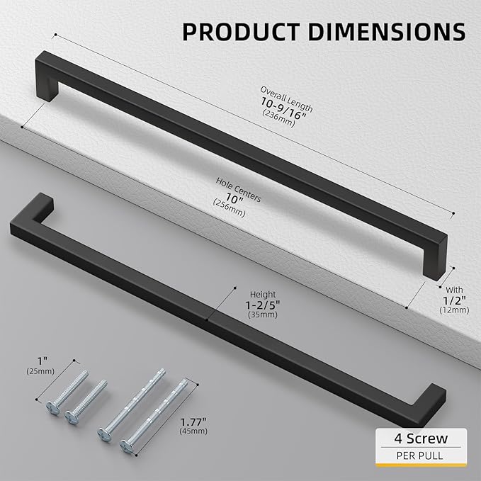 Goldenwarm 150 Pack 10 Inch Black Cabinet Handles Matte Black Drawer Pulls Stainless Steel Cabinets Hardware Square Bar Modern for Kitchen Bathroom Cupboard