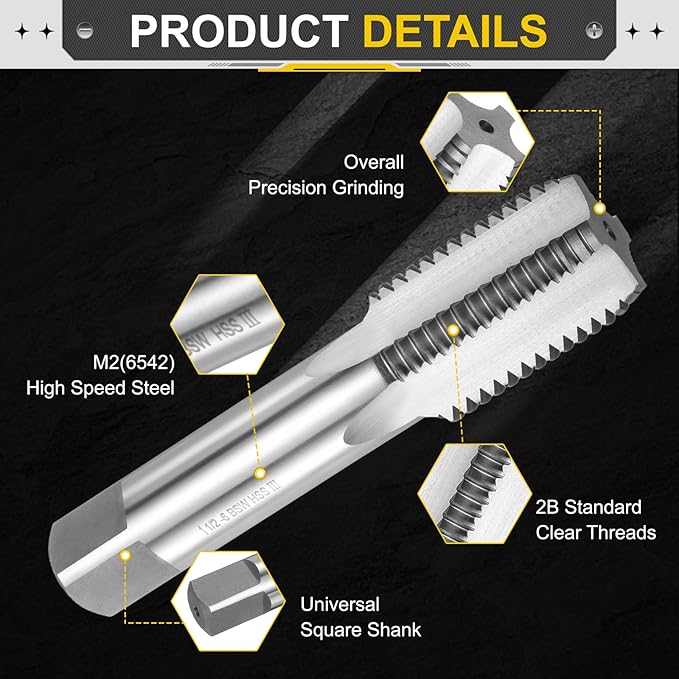 uxcell Hand Bottom Tap 1"-1/2"-6 BSW 2B Thread Bottoming Style Threading Taps High Speed Steel HSS6542 Straight Flutes Screw Tapping Tool