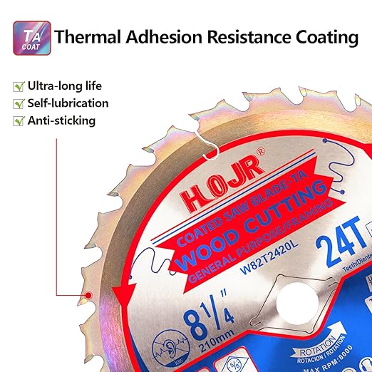 Circular Saw Blade Woodworking TA Series 8-1/4" 24-Tooth Arbor: 5/8",Finishing/General Purpose Wood Cutting,Special Anti-Thermal Adhesion Coating on Cutting Head -TA, 8-1/4" 24T TA