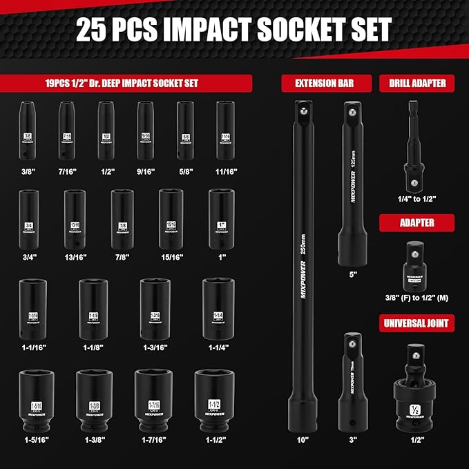 MIXPOWER 25 PCS 1/2??Drive Impact Socket Set, 3/8" to 1-1/2" Deep Socket, 6-Point Hex Socket with Portable Case,SAE,CR-V&CR-MO Steel