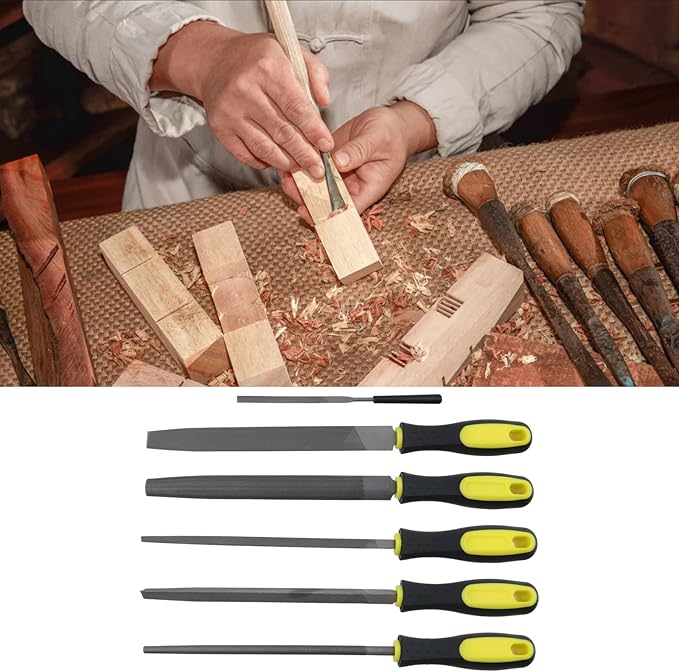 5-Piece Set 8in Length File (Flat, Triangular, Square, Round and Half-Round Files), High Carbon Steel Hand File with 1 Small File for Refining, Removing, Shaping and Scraping Projects