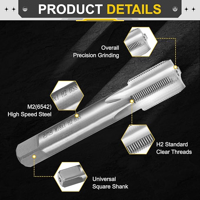 uxcell Hand Plug Tap M18 x 1 H2 Metric Thread Plug Style Taps Straight Flute Screw Tapping Threading Tool High Speed Steel HSS6542