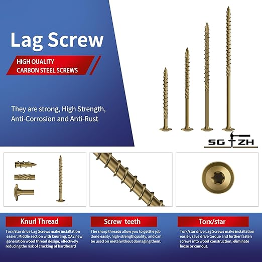 #14 x 6 Inch Lag Screws (192Pcs) 8lb. Structural Wood Screw, Bronze, Carbon Steel, Washer Head, Rust Resistant epoxy Coated, T30 Star Bit