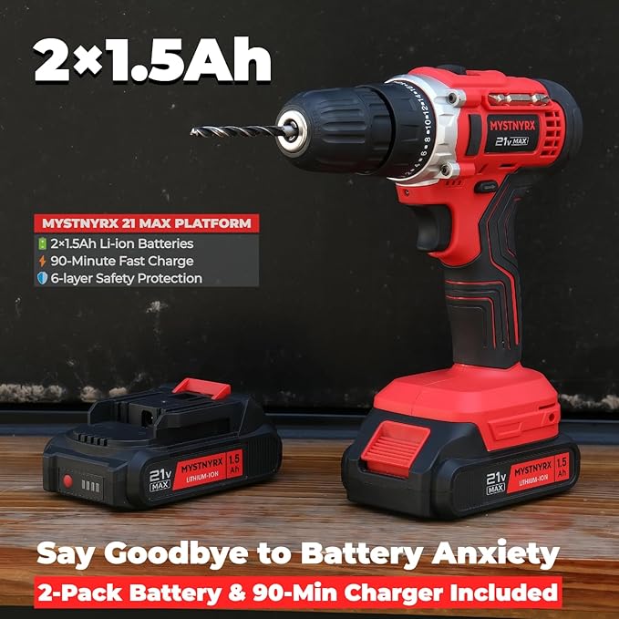 21V MAX Cordless Drill/Driver Kit, 2 Batteries and Charger, 26 Accessories, 3/8-Inch Keyless Chuck, 2 Variable Speed, 24+1 Position, LED Light, Toolbox