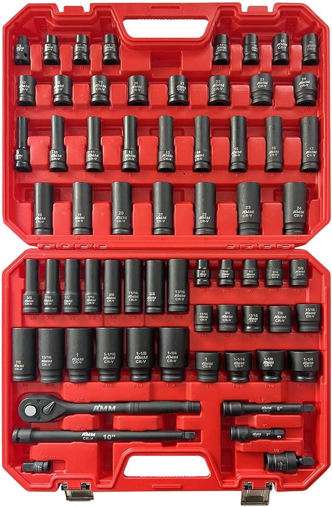 AMM 1/2-inch 66 Pieces Impact Socket Master Set, SAE & Metric from 5/16"-1-1/4",8-24mm, Shallow/Deep Socket Set with Ratched Hand, Extension Bar and Adapters竊똂r-V steel