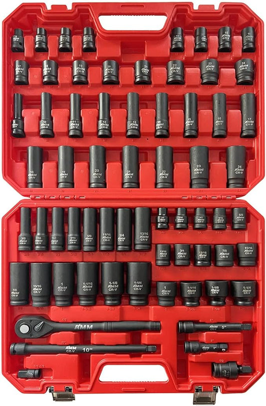 AMM 1/2-inch 66 Pieces Impact Socket Master Set, SAE & Metric from 5/16"-1-1/4",8-24mm, Shallow/Deep Socket Set with Ratched Hand, Extension Bar and Adapters竊똂r-V steel