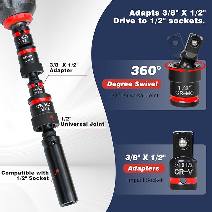 11-Piece Impact Socket Adapter Set-Impact Rated Drill Socket Adapters&Extensions,1/4" 3/8" 1/2" Drive,CR-V&CR-MO Steel,Ball Detent for Secure Fit,Essential Tool Kit for Car/Home Repair