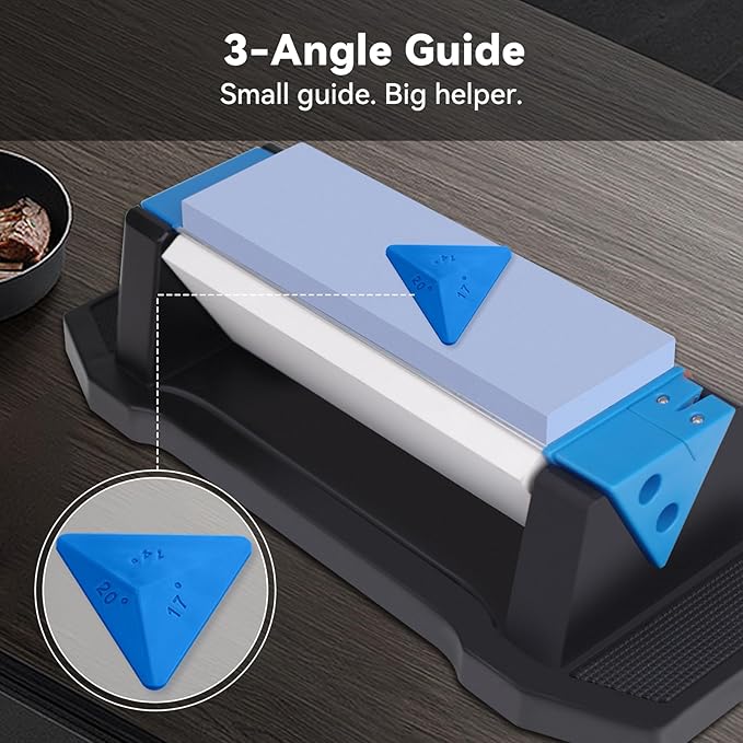 Knife Sharpening Stone, 3 Sides Grit 400/1000/5000, Whetstone Knife Sharpener with Non-Slip Base, Angle Guide & Leather Strop, for Kitchen Knives and Pocket Knives and More