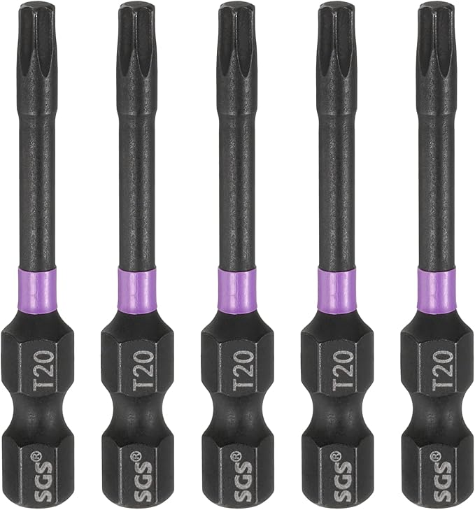 HARFINGTON 5pcs T20 Torx Head Impact Screwdriver Bits 1/4" Hex Shank 2" (50mm) Long Magnetic No Hole Tamper Proof 6 Point Star Screw Driver Drill Bits Phosphate S2 Steel Power Tools