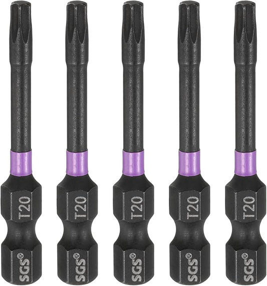 HARFINGTON 5pcs T20 Torx Head Impact Screwdriver Bits 1/4" Hex Shank 2" (50mm) Long Magnetic No Hole Tamper Proof 6 Point Star Screw Driver Drill Bits Phosphate S2 Steel Power Tools
