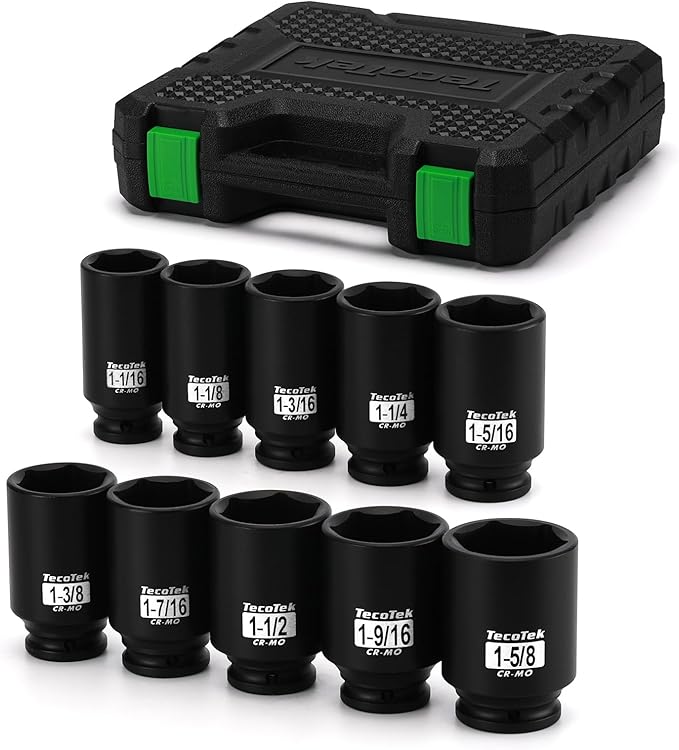 1/2" Drive Deep 6-Point Impact Socket Set, 10-Piece Deep SAE Spindle Axle Nut Impact Socket Set, Cr-Mo, 1-1/16-Inch to 1-5/8-Inch Size, Enhanced Storage Case