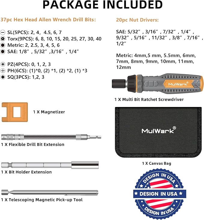 MulWark 63PC Magnetic Ratcheting Screwdriver Bit Set ??Multibit Screw Driver with Screwdriver Bits Slotted, Torx, Hex, Pozi, Philips, Square; Nut Driver Set for SAE and Metric ??Christmas Gift