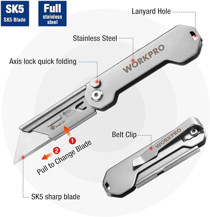 WORKPRO 2PCS EDC Folding Utility Knife, Mini Box Cutter with Quick Open Axis Lock, Quick Change Blade Razor Knife, Foldable Small Pocket Knife with Belt Clip, 2 Packs with 10 Extra Blades