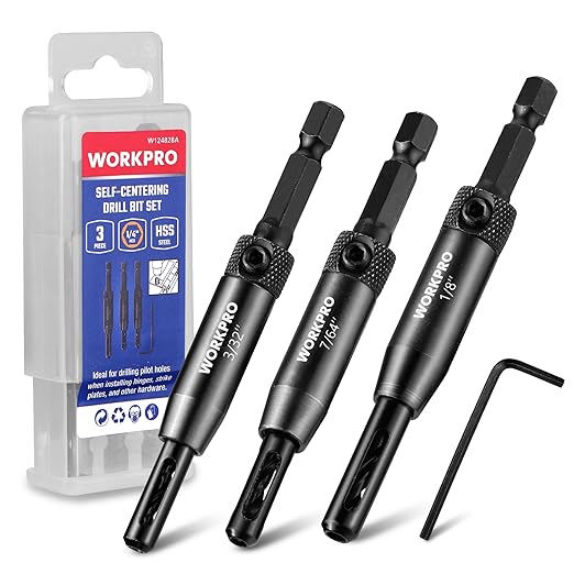 WORKPRO 3-Piece Self Centering Drill Bit Set, Durable HSS VIX Bit with Hex Key, 3/32?? 7/64?? 1/8??Center Drill Bits, 1/4 Inch Hex Shank for Precise Cabinet and Door Installation