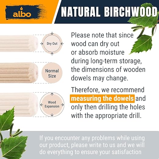 ALBO Wooden Dowel Pins 1/4 x 1-1/4 inch Fluted Wood Dowels Rods 200 Pack Hardwood Crafts Dowel Pegs