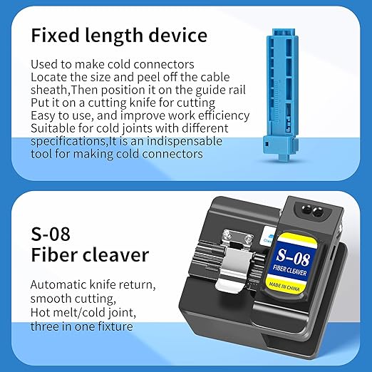 Fiber Optic Terminal kit 10-in-1 FTTH Tool kit Equipped with S-08 Optical Fiber Cleaver and Rechargeable Optical Power Meter A-C710A (-70~+10dBm) Well as Stripper Fibre Tool kit