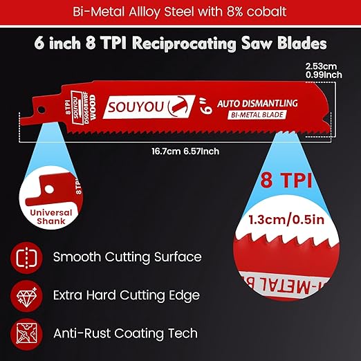 3 Pack 6 in 8 TPI Bi-Metal Reciprocating Saw Blades with Organizer Carbide Alloy Steel for Automobile Dismantling Metal Steel Cutting Non-Stick Coated for Less Heat for 1/16-5/16 Medium Metals