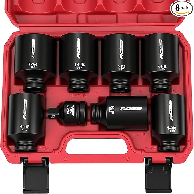 SAE Deep Impact Socket Set 8-Piece 1/2-inch Drive Wheel Axle Nut Wrench Large Sockets Standard Adapter 1-11/16 1-9/16 1-3/8 1-7/16 1-1/2 1-5/8 1-3/4 Imperial Spindle Joint Torque Bearing Locknut Truck