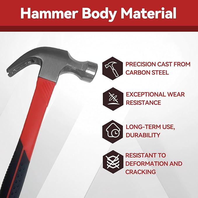 16oz Claw Hammer with 376pcs Nails Set, Smooth Face and Forged Steel Head, Shock-Absorbing Fiberglass Handle, Red and Black Handle for Carpentry and General Purpose