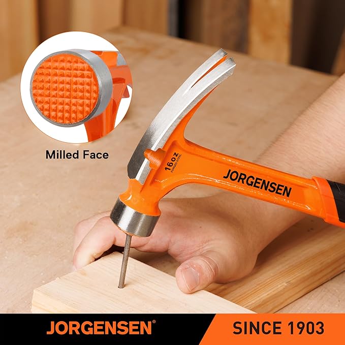 Jorgensen 16 oz Straight Claw Hammer, Rip Claw Hammer with Milled Face & Shock Absorbing Grip, Heavy Duty One-piece Forged Hammer