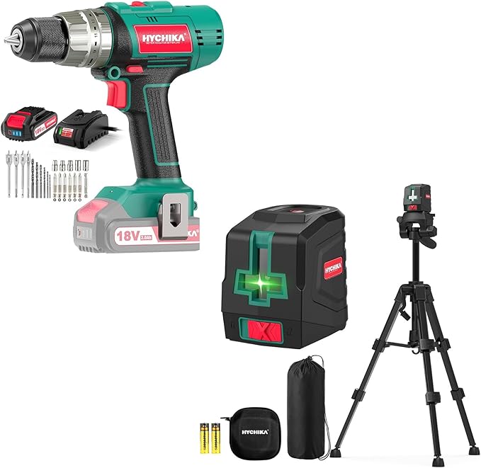 HYCHIKA Cordless Hammer Drill Driver 18V and Laser Level 360° Self Leveling with Tripod, Laser class: II, 2-Tool Power Tool Combo Kit
