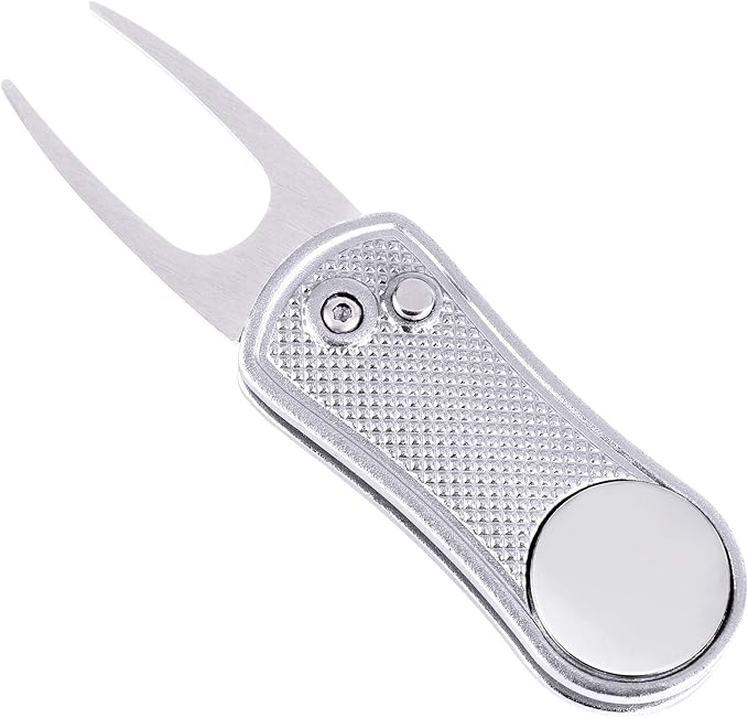 Mile High Life Golf Divot Repair Tool, All Metal Foldable Divot Tool with Pop-up Button & Magnetic Ball Marker